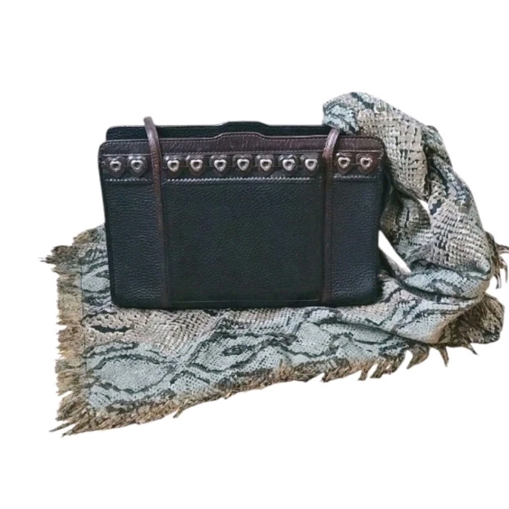 Vtg 90s Y2k Brighton Heart Accents Black Pebbled Leather Purse Snakeskin Scarf